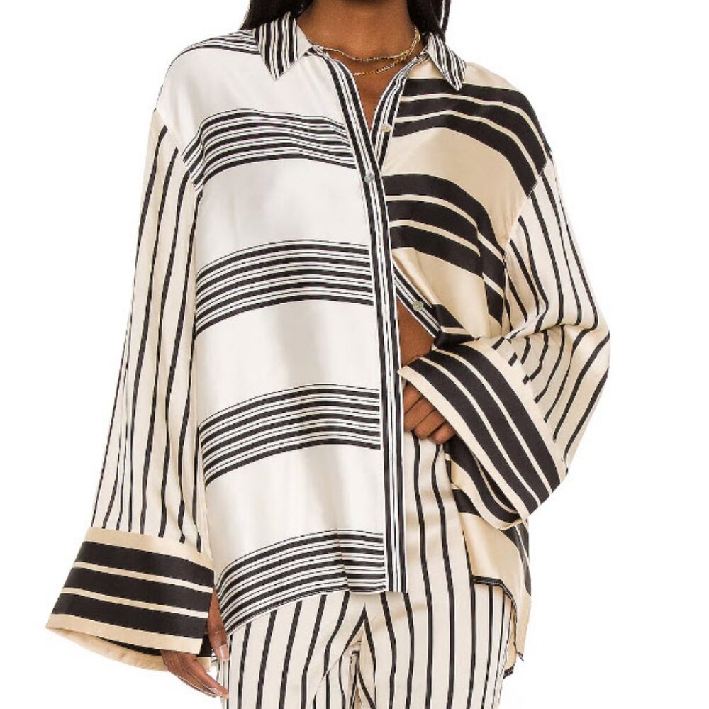 L'Academie Black and Cream Striped Silk Button-Up Blouse